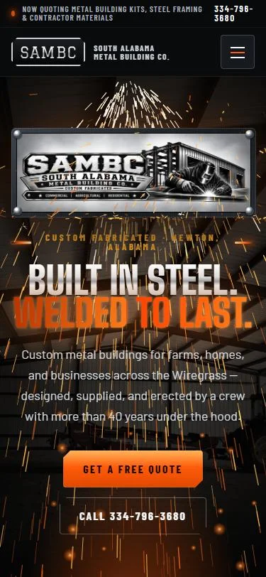 The same SAMBC homepage on a phone, with Get a free quote and Call buttons.